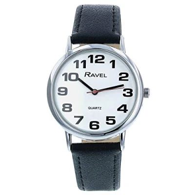 Image of Ravel Unisex Easy Read Watch with Big Numbers Black/Silver Tone/White Dial