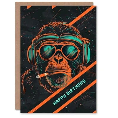Image of Artery8 Birthday Card Neon Chimp DJ Dance Retro For Him Man Male Dad Brother Son Papa Grandad Greeting