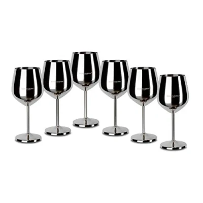 Image of ECHTWERK Shatterproof Stainless Steel Wine Glasses, Glass Set, Red Glass, Camping Cocktail Robust, Unbreakable, Silver Edition, 6 Pieces, 21 x 7.3 cm, 0.5 L