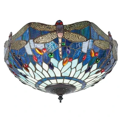 Image of Dragonfly 2 Light Medium Ceiling Flush Dark Bronze, Blue, Tiffany Style Glass, E27