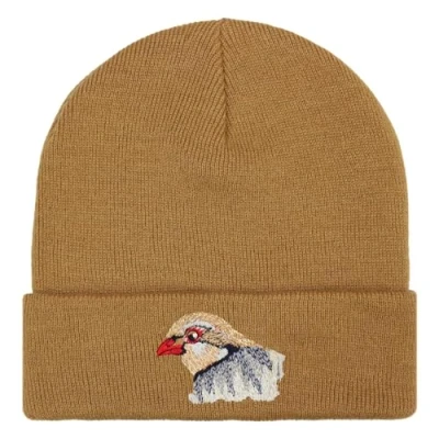 Image of TeddyT&#039;s Red Legged Partridge Embroidered Luxury Soft Rib Beanie Hat (Light Rust)