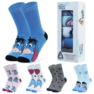 Image of Disney Womens Novelty Calf Socks, Soft Stretchy Socks in Pack of 5 Gifts for Women (Blue Eeyore)