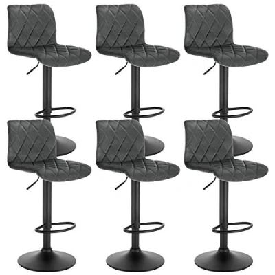 Image of Lestarain Set of 6 Breakfast Bar Stools with Chrome Footrest and Base Swivel Gas Lift Elegant Velvet + Black Matte Simple Stool,Dark Grey