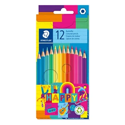 Image of Staedtler Noris Happy Colouring Pencils with Highly Pigmented Colours, Classic Hexagonal Shape and Soft Lead, 12 Colourful in Cardboard Case, 146 C12 HA