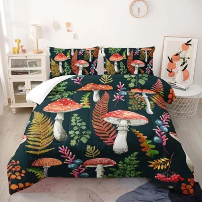 Image of Coverless Duvet Dark Green Mushrooms Double Microfiber Bedspread Lightweight Bedspreads Size All Seasons Quilted Bedspreads+2 Pillowcases(50x75cm) 200x200cm