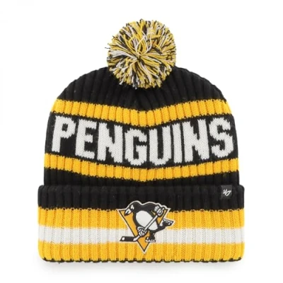 Image of &#039;47 NHL Unisex Adult Officially Licensed Primary Logo Bering Sport Knit Cuffed Pom Beanie Cold Weather Hat (Pittsburgh Penguins), Penguins, One size