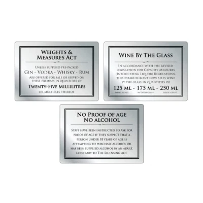 Image of Mileta Weights &amp; Measures Act 25ml Sign Wine by the Glass 125ml 175ml 250ml Pack of 3 Signs, Silver, 210 x 148mm