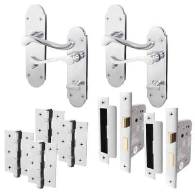 Image of EAI Polished Chrome Bathroom Door Handle Set Victorian Scroll Shaped 2 Pairs of Internal Handles with Hinges (76mm) &amp; Locks (64mm)