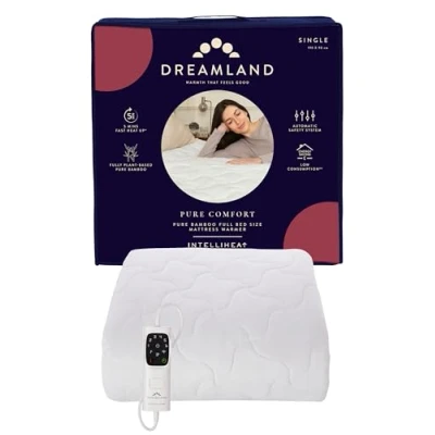 Image of Dreamland Single 100% Bamboo Electric Blanket, Fast Heating Underblanket, 6 Heat Settings, Hypoallergenic, Auto Safety Shut Off, Detachable Control, 190x90cm, Heated Blanket for Bed