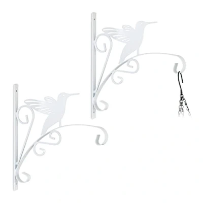 Image of Relaxdays Hanging Basket Brackets, Set of 2, Bird Design, Wall Mounted, 30 x 29.5 2 cm, Plant Hanger, Iron, White