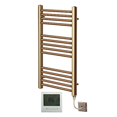 Image of Greened House Electric Brushed Brass Straight Heated Towel Rail 500mm Wide x 800mm High Flat Radiator + Timer and Thermostat