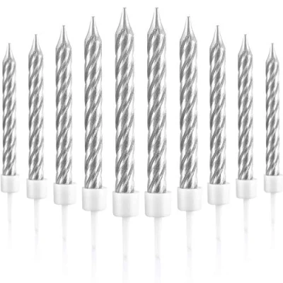 Image of Blulu 50 Pieces Spiral Cake Candles in Holders Metallic Cupcake Short Thin for Birthday Wedding Party Decorations (Silvery)