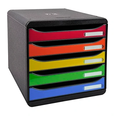 Image of Exacompta Ref 3097298D BIG BOX PLUS Desktop Drawer Set 5 x 43mm Drawers, Suitable for A4+ Documents, 347 278 271mm, 100% Recycled Plastic Black/Glossy Harlequin