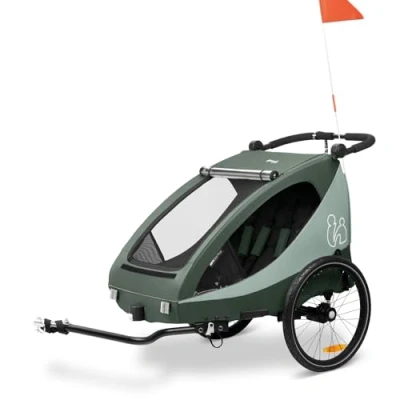Image of hauck Dryk Duo Plus, Dark Green 2in1 Kids Bike Trailer &amp; Pushchair with Suspension 2 Seats Folding Bicycle XL Storage, Tow Bar, Hitch, Pennant, Stroller Wheel LED Rear Light