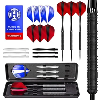 Image of Harrows Caliber 90% Tungsten Steel Tip Darts Set I 21g to 30g All Weights Available Huge 16pcs Bundle with Spare Shafts, Prime Flights &amp; Travel Case (Black, 22 Grams)