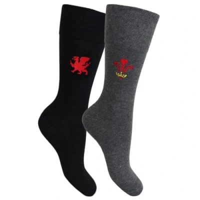 Image of TeddyT&#039;s Men&#039;s Cymru Welsh Dragon &amp; Red Feathers Socks Gift Set (Black Grey) (UK, Numeric, 11, 13, Regular, Regular)