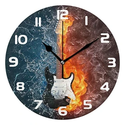Image of Hunihuni Wall Clock Ice Fire Rock Music Guitar Silent Non ticking for Bedroom Living Room Home Office Decor