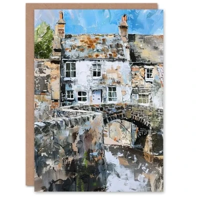 Image of Artery8 Greeting Card North Yorkshire Village Medieval Bridge Painting Blank For Him Or Her Art Farewell