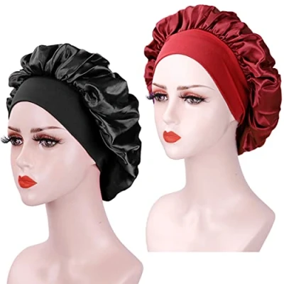 Image of 2PCS Silk Bonnet for Sleeping, Soft Satin Bonnet, Colorful Hair Elastic Band Curly (Black+Wine)