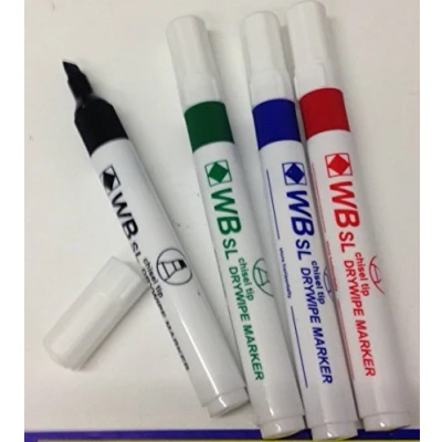 Image of PACK OF 4 ASSORTED SL WHITEBOARD FLIPCHART CHISEL TIP MARKER PENS. BLACK, BLUE, RED AND GREEN. TIP. DRYWIPE
