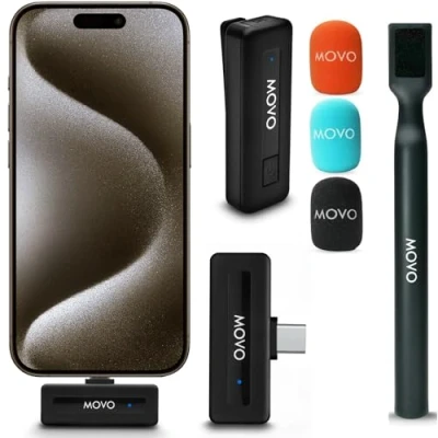 Image of Movo Wireless Mini UC Ultra Compact Lavalier Microphone for iPhone 15/16 and up with WMX HM Handheld Adapter Lapel Mic Handle Mount Content Creators, Interviews, Reporting