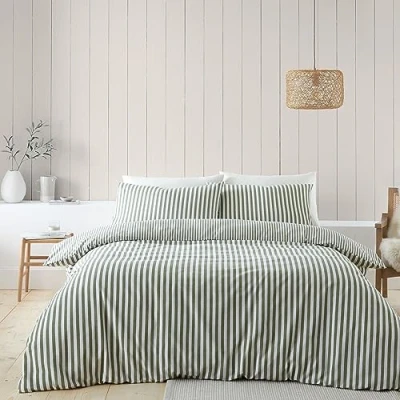 Image of Catherine Lansfield Brushed Cotton Stripe Reversible King Duvet Cover Set with Pillowcases Green
