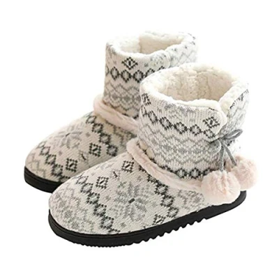 Image of Rojeam Winter Boots Slippers Knitted Women Men Home Booties Plush House Shoes Indoor Outdoor White Size 6/6.5 UK
