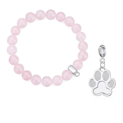 Image of Philip Jones Rose Quartz Gemstone Bracelet with Paw Charm Created Zircondia® Crystals