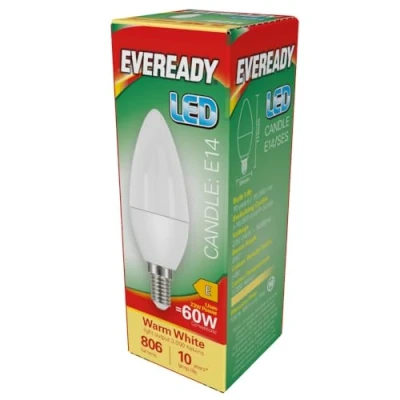 Image of Eveready 7.3w = 60w LED Candle E14 SES 5 Pack 806 lumens Warm White 3000k
