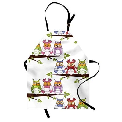 Image of ABAKUHAUS Owls Apron, Birds on Tree Branches, Unisex Kitchen Bib Apron with Adjustable Neck for Cooking Baking Gardening, Multicolor