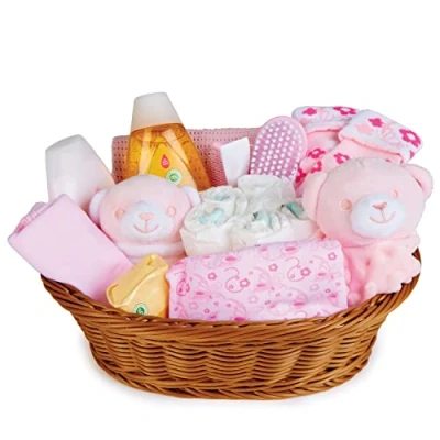 Image of Baby Box Shop 17 Essentials for Newborn Girl Perfect as Christenings Gifts, Hamper in Rattan Basket (Pink)