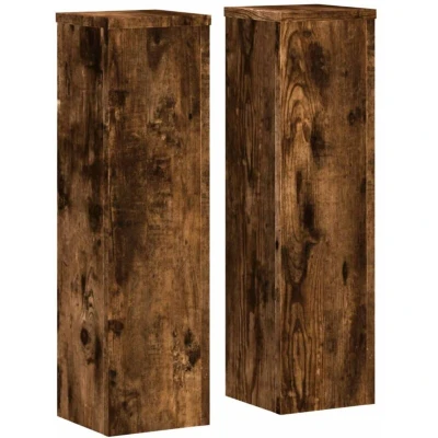 Image of vidaXL Plant Stands Set of 2, Smoked Oak, Engineered Wood, 17x17x60 cm, Indoor/Outdoor Flower Pot Display with Hollow Design, Modern Minimalistic Style, Sturdy Surface, Easy to Clean