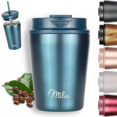 Image of Milu Thermo Mug 300ml 100% Leak Proof Stainless Steel Coffee to go Insulated with Straw Keeps hot for 10h / Cold 20h, BPA Free (Green, 300ml)