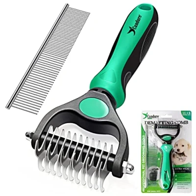 Image of Candure Dematting Comb for Dog and Cat, Pet Grooming Rake Brushes Small &amp; Medium Dogs 11+6 Double Sided Blade Deshedding Tool Removes Knots, Undercoat, Mats Tangled Hair (Green)