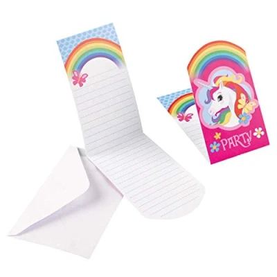 Image of Amscan 9902108 Rainbow Unicorn Kids Birthday Party Folded Invitations 8 Pack