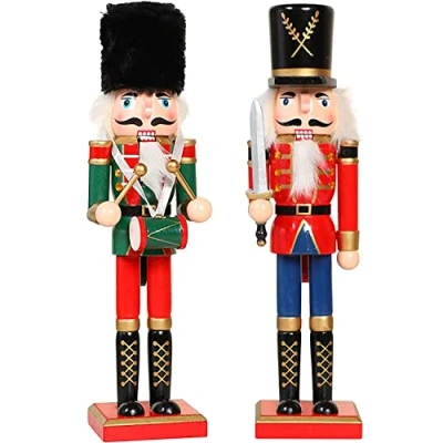 Image of KAHEIGN 2Pcs Wooden Nutcracker Soldiers, 2 Style 30CM Christmas Traditional Figures Premium Pine Wood Painted Soldier for Home Fireplace Tree Party Decoration (Drum &amp; Sword)