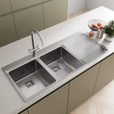 Image of SÄUBER 1160 x 520mm Stainless Steel Kitchen Sink Double Bowl Sinks for Kitchens 2.0 Bowls, Right Hand Drainer, Inset Drop in Installation, Free Strainer Waste