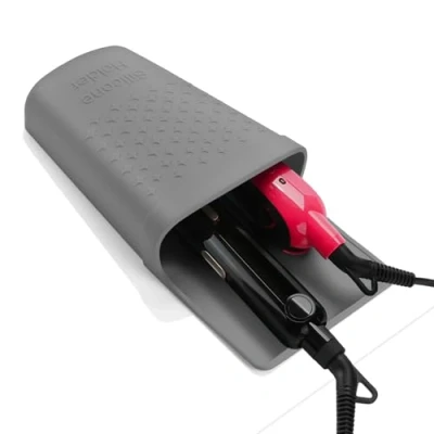 Image of ZAXOP Hair Straightener Holder,Heat Resistant Silicone Holder for Flat Iron,Curling Iron,Hot Tools,Vanity Accessories Fix with Stainless Steel Hook.(Grey)