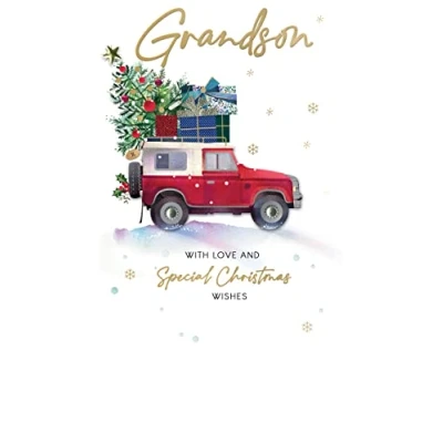 Image of Grandson Red Jeep Embellished Christmas Card Hand Finished Champagne Cards XCDC378