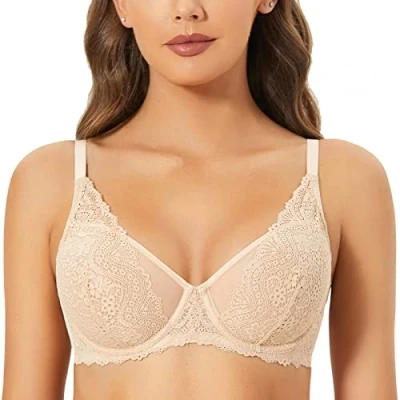 Image of DOBREVA Women&#039;s Lace Full Coverage Bra Unlined Underwired Support Minimiser Plus Size V Neck Bralette Beige 32DD