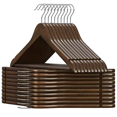 Image of SONGMICS Wooden Hangers, Set of 20, Coat Clothes with Shoulder Notches, Anti Slip Trousers Bar, 360 Swivel Hook, for Suits, Shirts, Coats, Dark Walnut and Silver CRW02V20