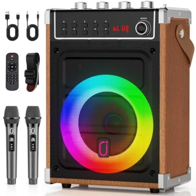 Image of JYX Karaoke Machine with 2 UHF Wireless Microphones, Bluetooth Speaker Bass/Treble Adjustment and LED Light, PA System Support TWS, AUX in, FM, REC, Supply for Party/Adults/Kids Wood Grain