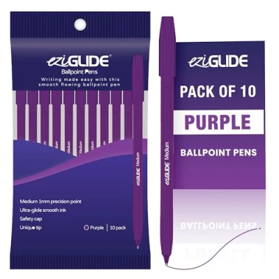 Image of Eziglide Ballpoint Purple Pen, Pack of 10 Pens, Smooth Writing Action Medium Point 1.0mm Coloured Pens Multipack Ball Ideal for School, Home or Work Stationery Supplies