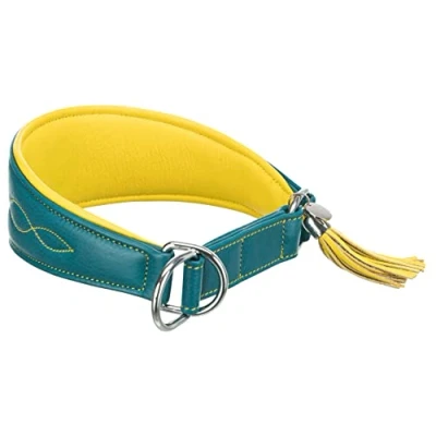 Image of TRIXIE Active Comfort Greyhound Collar Size S M: Neck Circumference 33 42 cm/60 mm in Petrol/Yellow Extra Wide Dog for Small to Medium Dogs, Protects the Throat Area, Lined, 18968