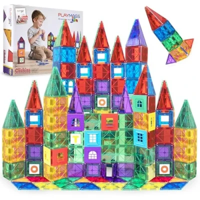 Image of Playmags 100 3D Magnetic Blocks Set For Kids Learn Shapes, Colors, &amp; Alphabets STEM Stronger Magnets Toys Building Colorful Durable Tiles Idea Book
