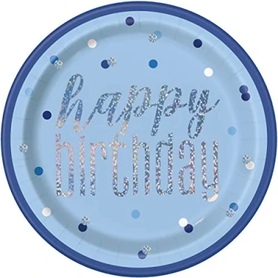 Image of Unique 83595 Blue Foil Stamped Dots Round Dinner Plates, 9&quot; Disposable 8 Pcs, Happy Birthday