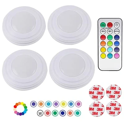 Image of LED Wireless Under Cabinet Lights,Battery Powered Cupboards Kitchen Lights with Remote and Timer,Stick on Cupboard Light Battery Operated Push Light,13 Colors Changing Puck Light(4 Pack)