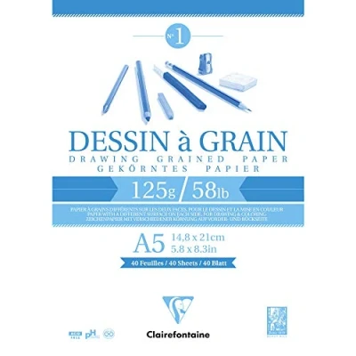 Image of Clairefontaine Ref 96686C White Grained Drawing Paper Glued Pad (40 Sheets) A5 Sized, 125gsm Paper, &amp; Acid Free, pH Neutral