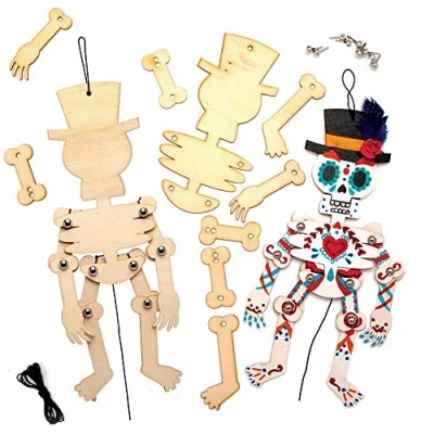 Image of Baker Ross AT108 Wooden Skeleton Puppet Wood Craft Kit for Kids Day of The Dead Arts Activities