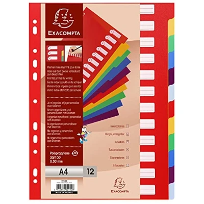 Image of Exacompta Ref 4912E PP Document Dividers Suitable for Use With A4 Documents, Made from Polypropylene, Pre Punched &amp; Printed 12 Part Multicoloured